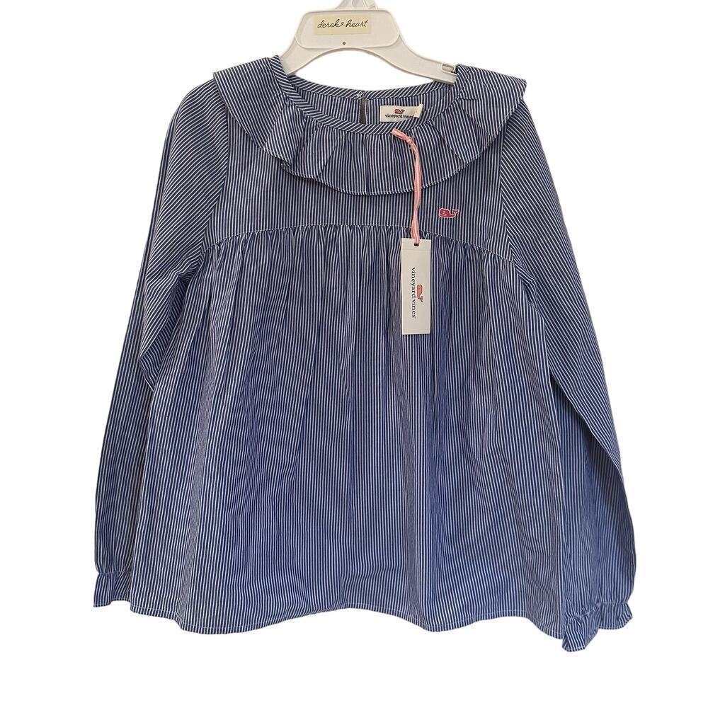 New Girls Vineyard Vines Stripe Ruffle Top sz L Girls Long Sleeve Blue White